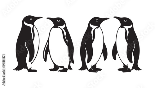 black color Penguins bird set of silhouette vector illustration, solid white background
