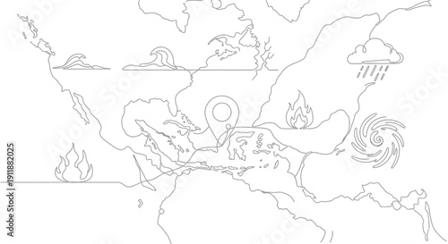 World Map with Natural Disasters and Location Pin, Global Climate Change Concept