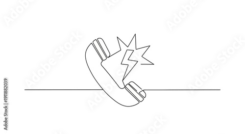 Hand-drawn single line art of a ringing telephone receiver with a lightning bolt symbol.