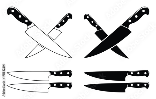 Collection of Chef Knives and Kitchen Utensils in Black and White