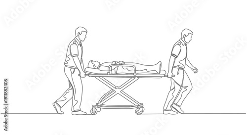 Paramedics carrying patient on stretcher, medical emergency, line art illustration