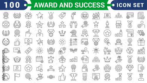 Award and Success icon set. It contains symbols to win, business, growth, achievement and more. Growth icon set. Minimal icons collection. Editable stroke vector