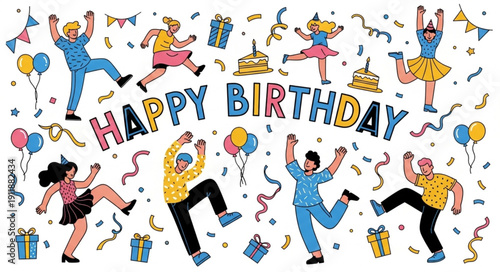 Happy Birthday Celebration People Dancing.