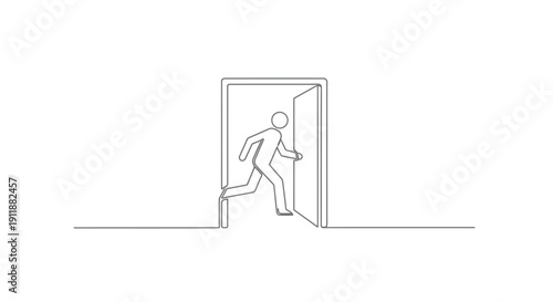 Person running out of open door, one line drawing, minimalist concept