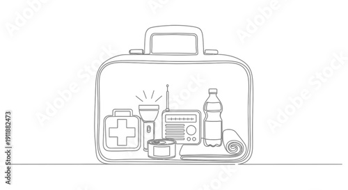Emergency Kit Illustration: First Aid, Radio, Flashlight, Water, Blanket