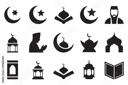 Collection of Islamic Religious Icons - Ramadan and Eid Mubarak Symbols in Silhouette Style