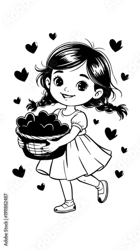 Cute little girl drawn in a soft black and white sketch style, expressing innocence and joy, perfect for children's themes, portraits, or nostalgic art.
