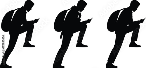 Vector illustration of modern walking silhouette collection—symbols for mobile phone use, backpack travelers, commuting lifestyle, digital habits, technology, and social behavior representation
