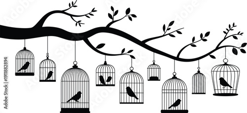Vector illustration of birdcage silhouette collection—symbols for freedom, confinement, nature design, decorative art, wildlife theme, emotional concept, and creative representation