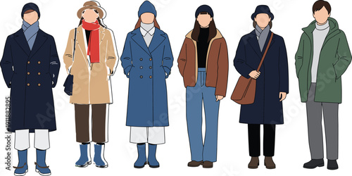 Flat Vector Illustration of Diverse People Wearing Stylish Winter Coats Scarves and Autumn Outerwear for Cold Weather Seasonal Fashion Concept
