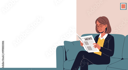 A woman with dark skin and shoulder-length hair reads the news while sitting on a sofa. An abstract, minimalist interior with a blank wall.