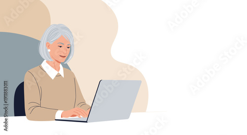 An older woman with fair skin and a silver bob haircut quietly types on a laptop. A clutter-free workspace with an abstract wall.