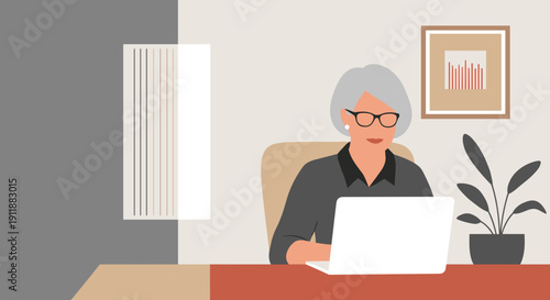 A woman over 50 years old with fair skin, short gray hair and a medium build confidently works on a laptop in a home office.