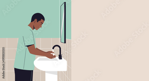 Flat minimalist vector scene with space for text: a dark-skinned man washing his hands in a bathroom as a self-care ritual.