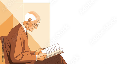 An elderly man with fair skin and a slender build slouches as he reads a page of a book in a minimalist room