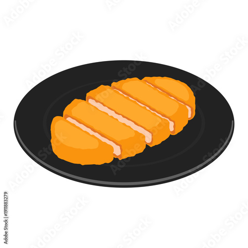 Isometric tonkatsu sliced pork cutlet on black plate - flat vector illustration, Japanese food icon