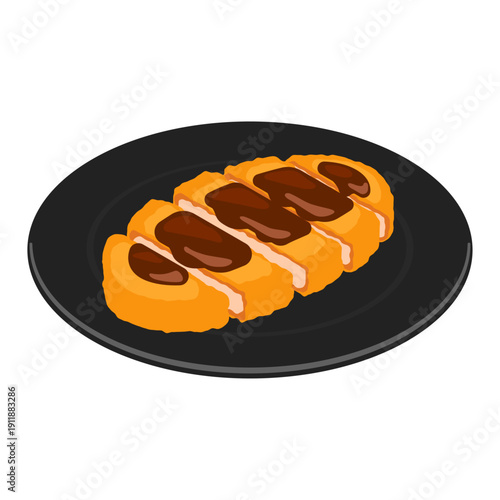 Isometric tonkatsu sliced pork cutlet with sauce on black plate - flat vector illustration, Japanese food icon