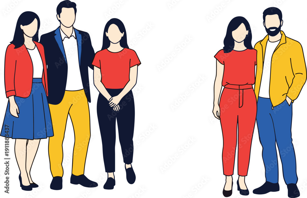 Fototapeta premium Flat vector illustration of diverse young men and women standing together in stylish casual outfits isolated on white background, vector.