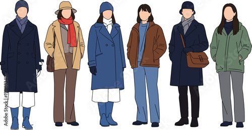Flat Vector Illustration of Diverse People Wearing Stylish Winter Outfits Coats Jackets Scarves and Hats for Cold Weather Seasonal Fashion