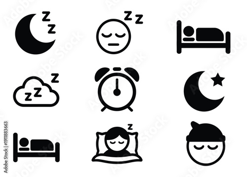 Sleep icon set collection featuring moon, stars, sleeping person, bed, cloud, alarm clock, night cap, and peaceful sleep symbols, isolated on white background in clean vector illustration