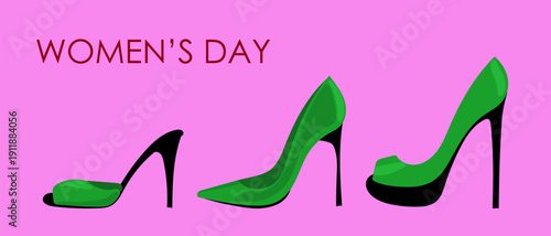 International Women's Day Greeting Card. Vibrant  Background and Cartoon High Hill Shoe. Retro Festive Art Holiday Gift Pattern Print. 8 march Empowerment and Girl's Power Nostalgic 90's Decoration.