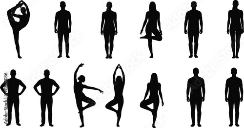 Black silhouette collection of people practicing yoga poses and fitness exercises isolated on white background for health and wellness themes