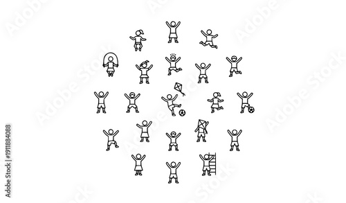 Happy Kids Activity Line Icons Editable Outline Symbols of Active Children in Motion
