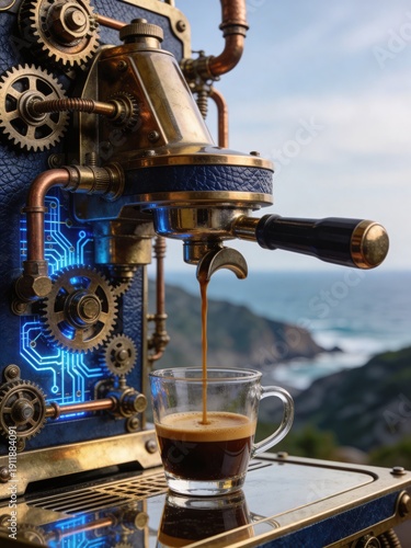 A steampunk coffee machine with a blue and gold exterior