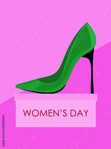 International Women's Day Greeting Card. Vibrant  Background and Cartoon High Hill Shoe. Retro Festive Art Holiday Gift Pattern Print. 8 march Empowerment and Girl's Power Nostalgic 90's Decoration.