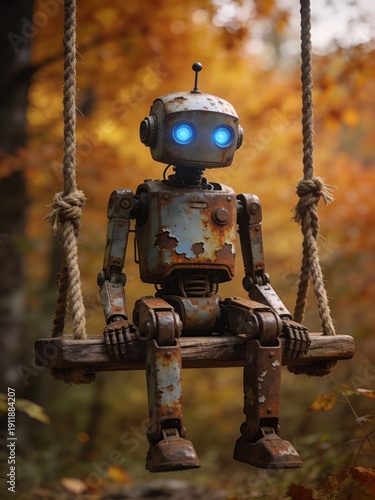 A robot is sitting on a swing in a forest
