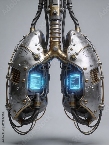 A pair of robotic lungs with blue lights inside