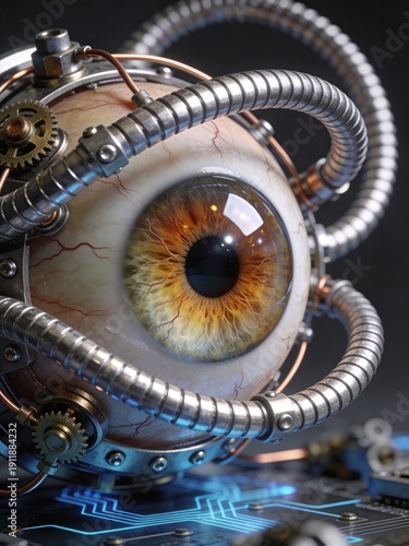 A highly detailed, realistic 3D render of a biomechanical eye, fused with intricate metallic machinery