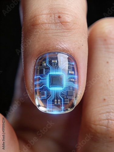 A close-up, high-resolution digital illustration of a human finger with a transparent, glowing fingernail embedded with intricate glowing blue circuitry