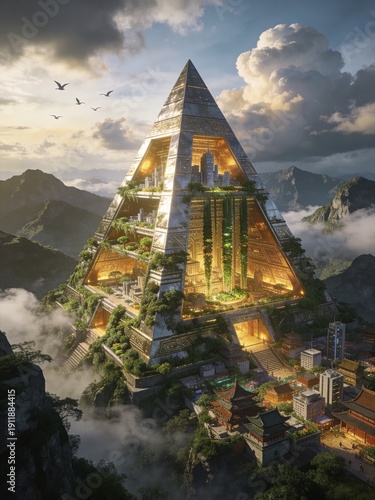A towering, futuristic pyramid dominates the landscape, its immense structure carved from gleaming metallic surfaces and interwoven with lush greenery