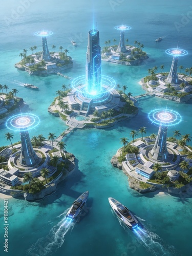 A futuristic city with a large building in the middle surrounded by palm trees