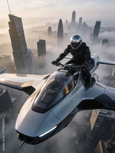 A man is flying a silver jet with a helmet on