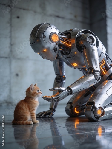 A robot is kneeling down to pet a cat