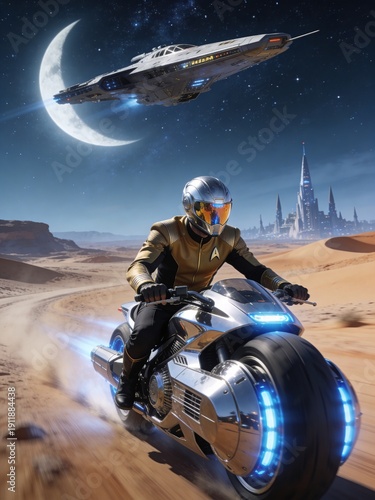 A futuristic sci-fi illustration featuring a Starfleet officer in a gold and black uniform riding a sleek, chrome-finished starship motorcycle across a desert-like alien landscape