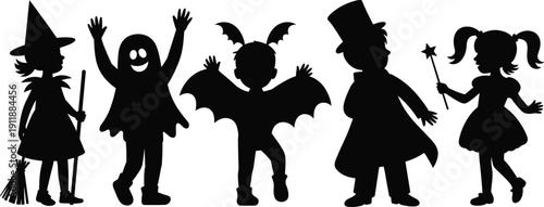 Children in halloween costumes silhouettes set, witch ghost vampire magician fairy isolated on white background spooky vector