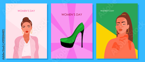 International Women's Day Greeting Card. Vibrant  Background and Cartoon High Hill Shoe. Retro Festive Art Holiday Gift Pattern Print. 8 march Empowerment and Girl's Power Nostalgic 90's Decoration.