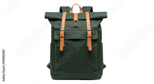 Photos Dark green canvas rolltop backpack isolated on transparent background, stylish r