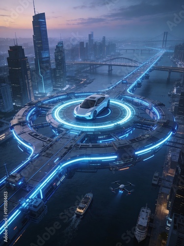 A futuristic city with a car driving on a circular road
