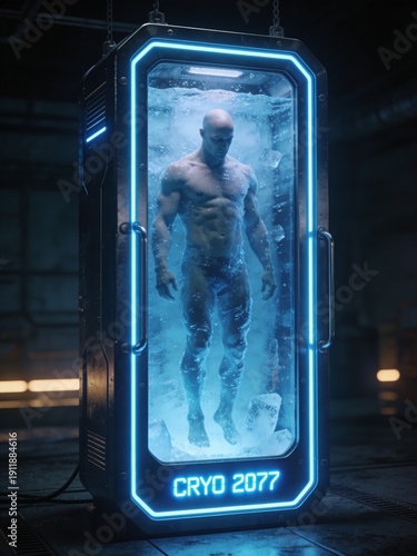 A man is in a cryogenic chamber with the number 2077 on the door