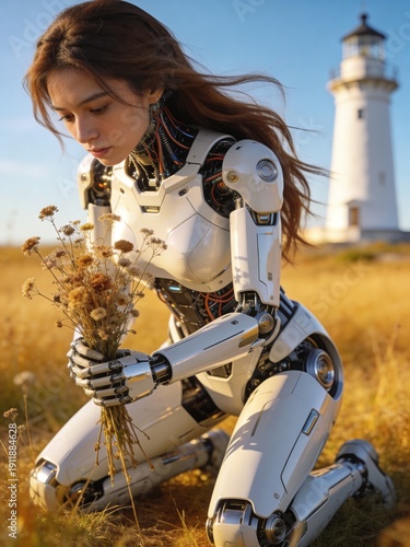 A futuristic, humanoid female robot with sleek white and chrome metallic armor kneels in a sunlit, golden grassy field, holding a delicate bouquet of dried wildflowers