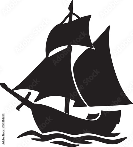 Black silhouette of a classic sailing ship on waves  ocean voyage sailing vessel