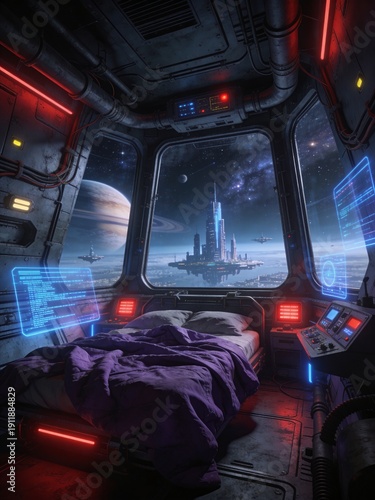 A bedroom in a spaceship with a purple comforter and a bed