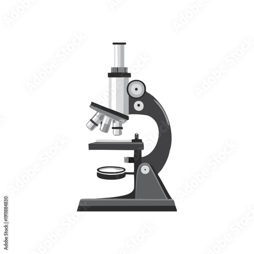 A high-quality laboratory microscope isolated on a white background provides essential optical magnification for scientific research and medical education in biology, chemistry, and microbiology disco
