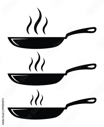 Three black frying pans with steam rising, symbolizing cooking and heat