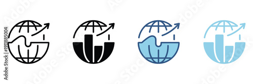 Statistics icon set illustrating multiple styles with data analysis symbols, bar and pie charts, line and area graphs