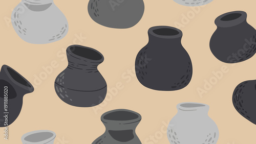 Handmade Pottery Seamless Pattern: Ceramic Vases in Various Shapes and Shades